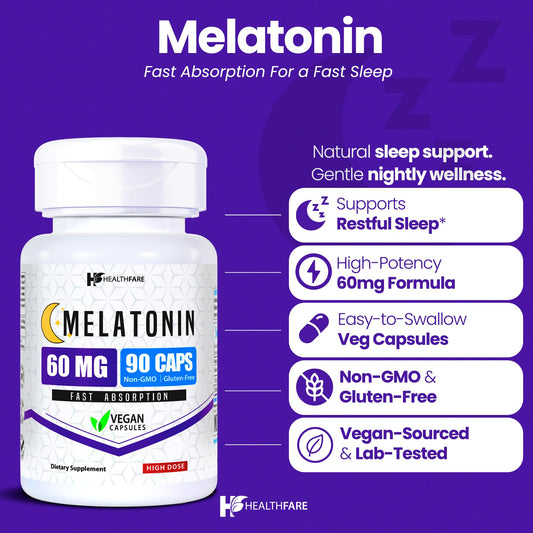 Healthfare Melatonina 60mg, botella de 90 cápsulas, fuente fiable para tu rutina nocturna.