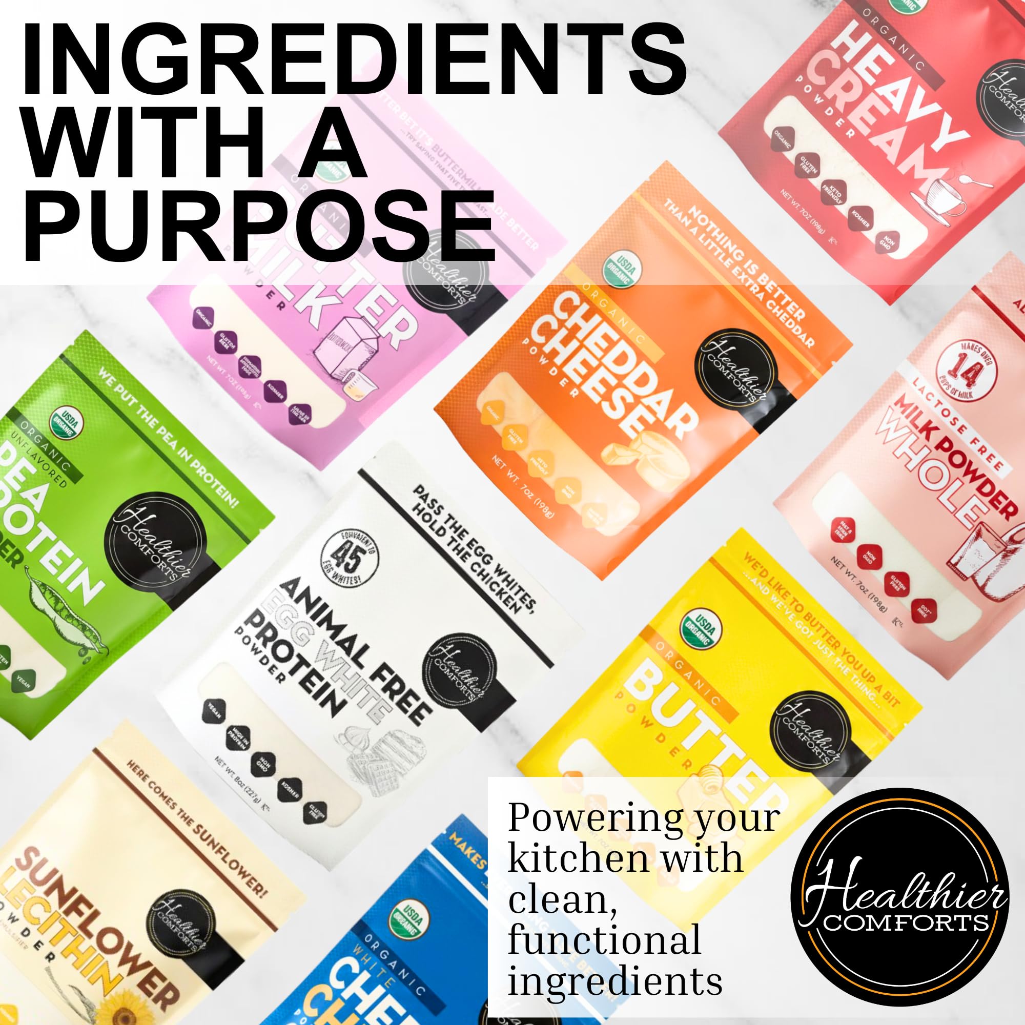 Healthier Comforts etiqueta con datos nutricionales y certificaciones claras