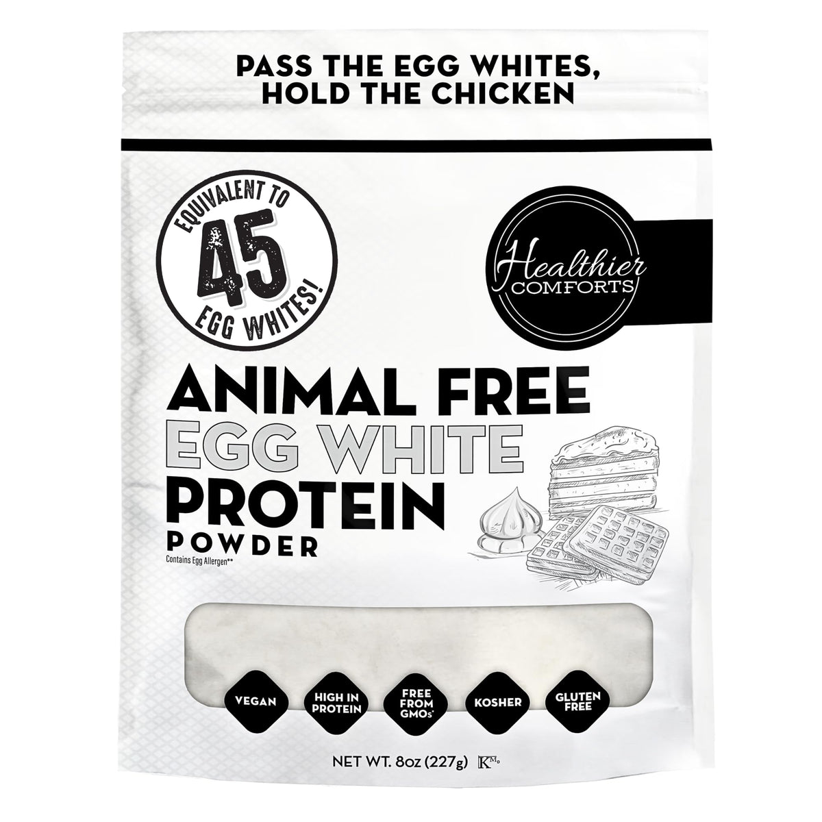 Healthier Comforts empaque frontal visible, informa proteína animal-free y beneficios