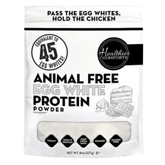 Healthier Comforts empaque frontal visible, informa proteína animal-free y beneficios