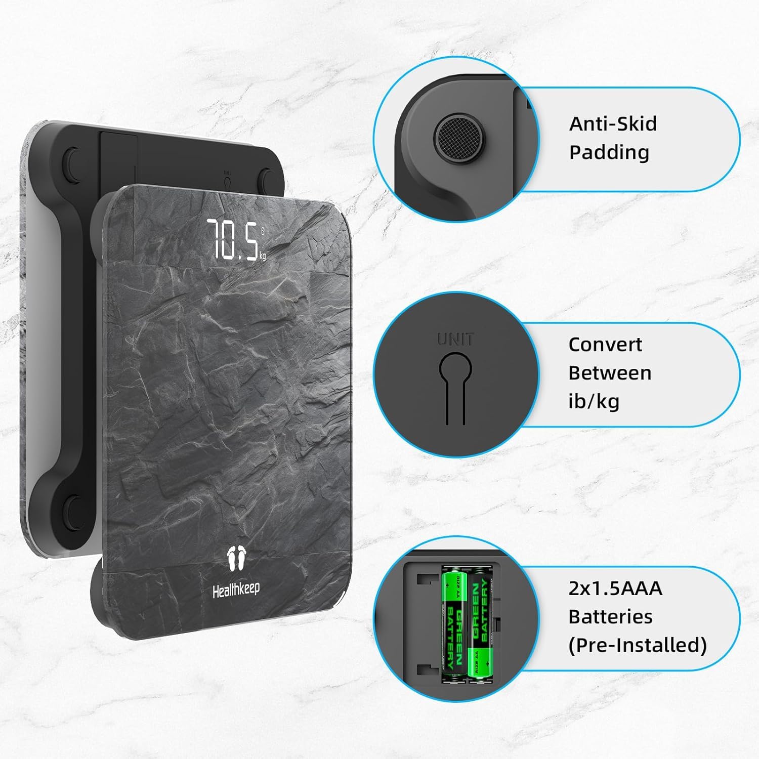 Healthkeep báscula en uso con Step-On, encendido instantáneo fiable