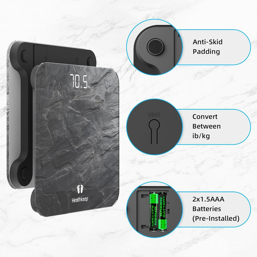 Healthkeep báscula en uso con Step-On, encendido instantáneo fiable