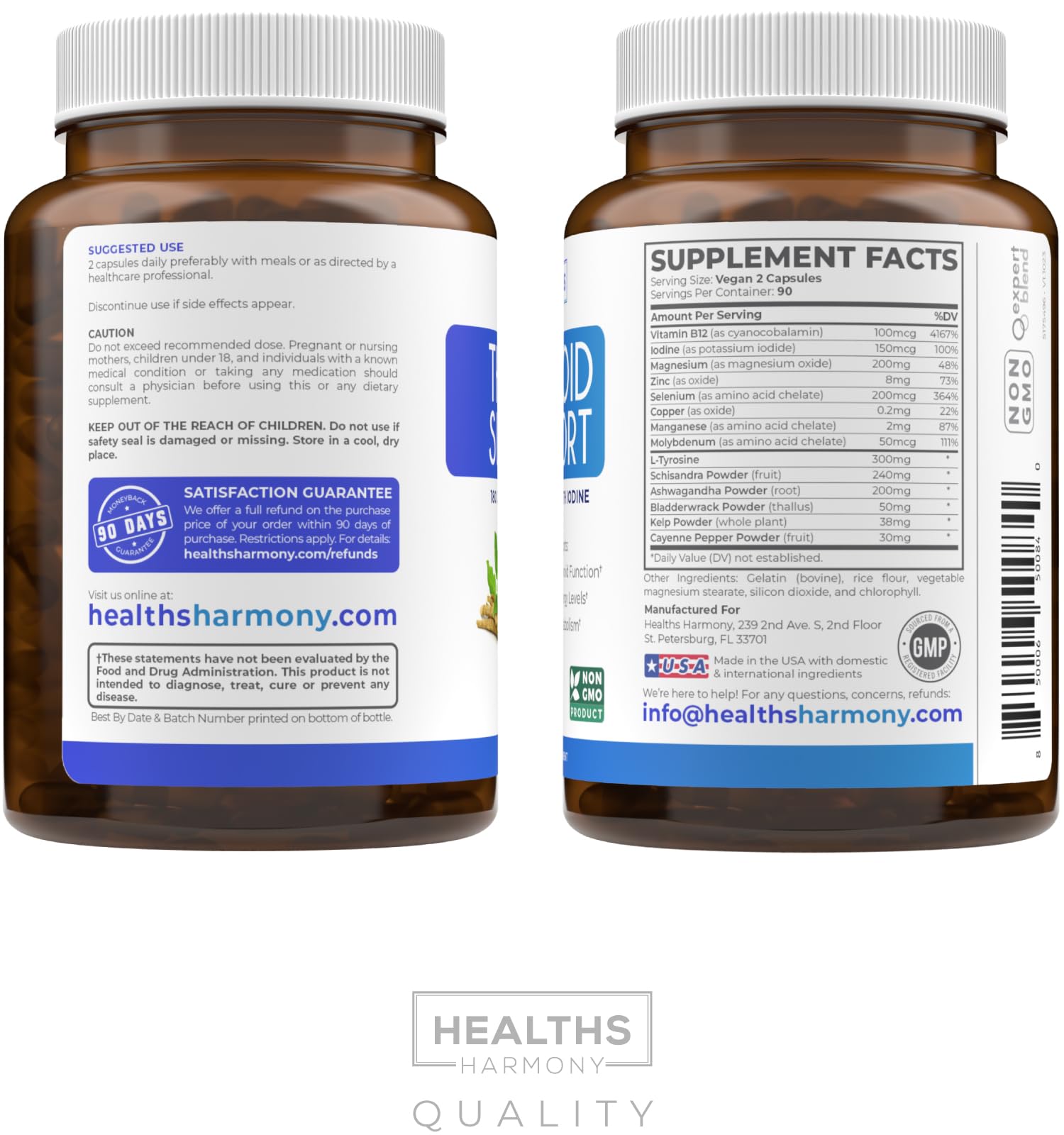 Healths Harmony envase lateral con información de fabricación y certificaciones CGMP