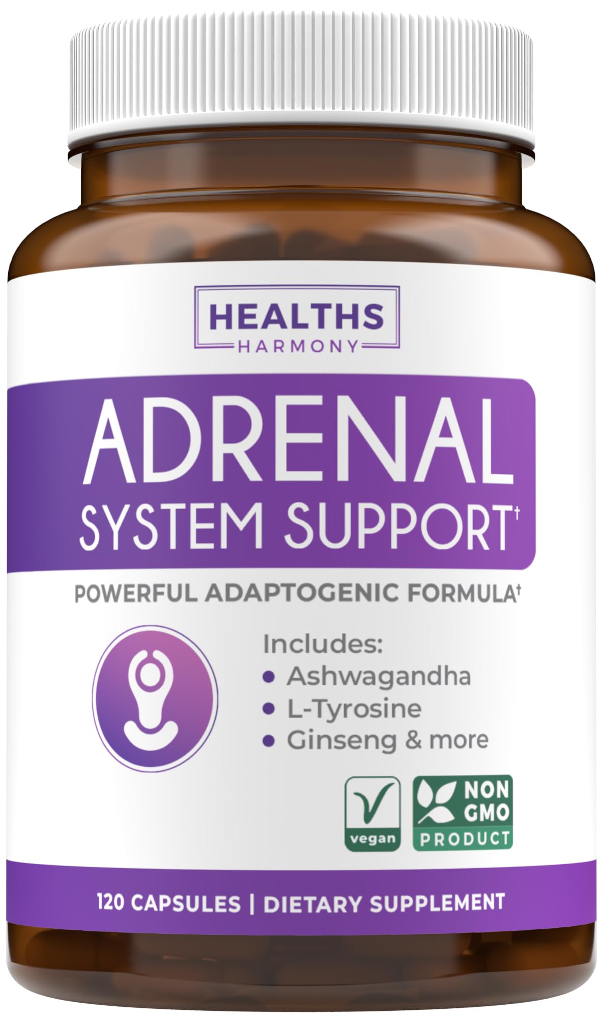 Healths Harmony envase frontal mostrando 120 cápsulas y beneficio de soporte adrenal