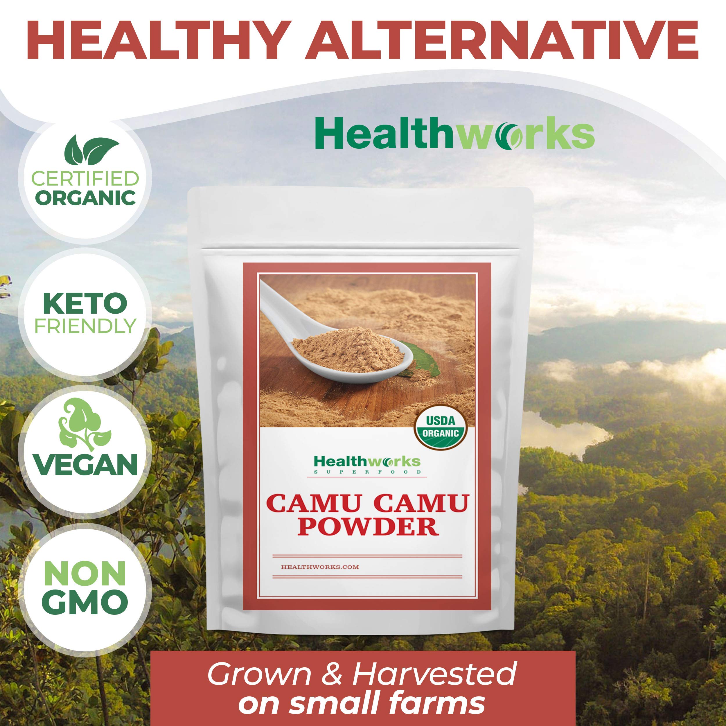 Healthworks Superfoods etiqueta con certificación orgánica y confianza en el origen