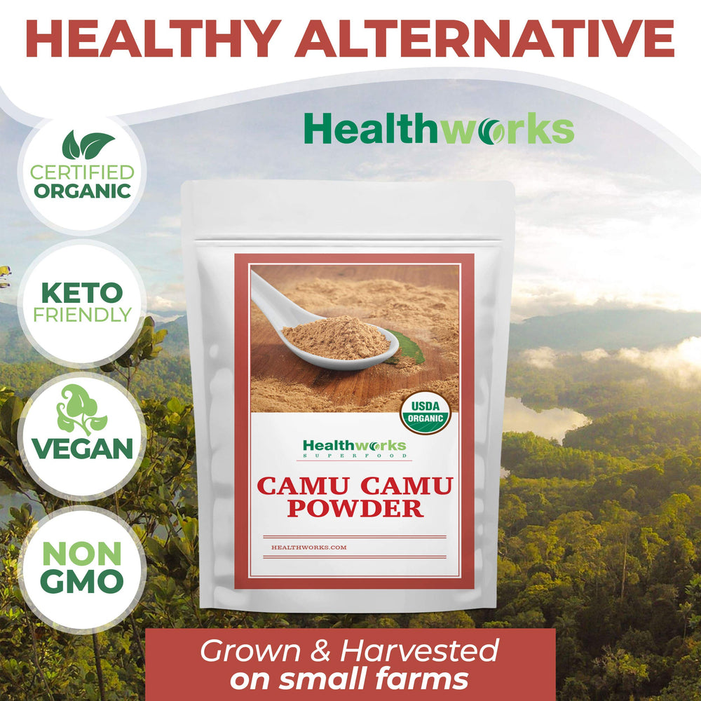 Healthworks Superfoods etiqueta con certificación orgánica y confianza en el origen