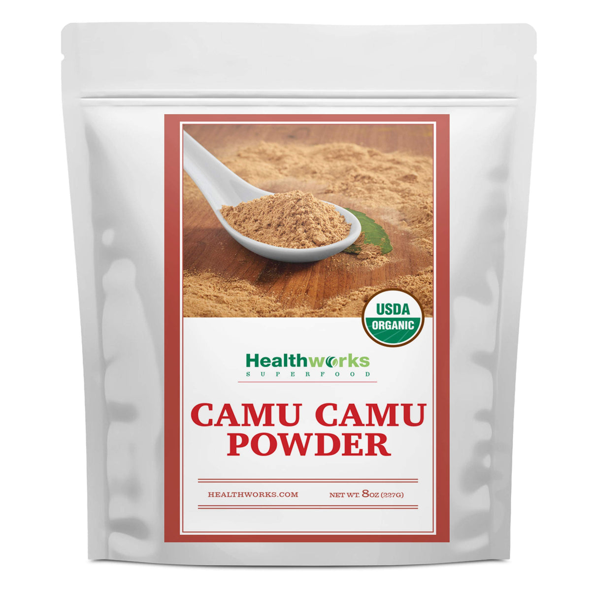 Healthworks Superfoods envase frontal mostrando camu camu orgánico y facilidad de uso