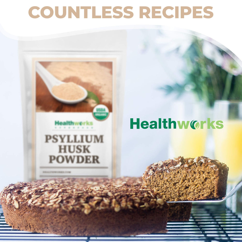 Escena de cocina con Healthworks psyllium mostrando uso cotidiano y preparación sana