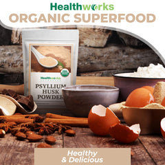 Etiqueta del producto Healthworks Superfoods con información orgánica y nutrimental