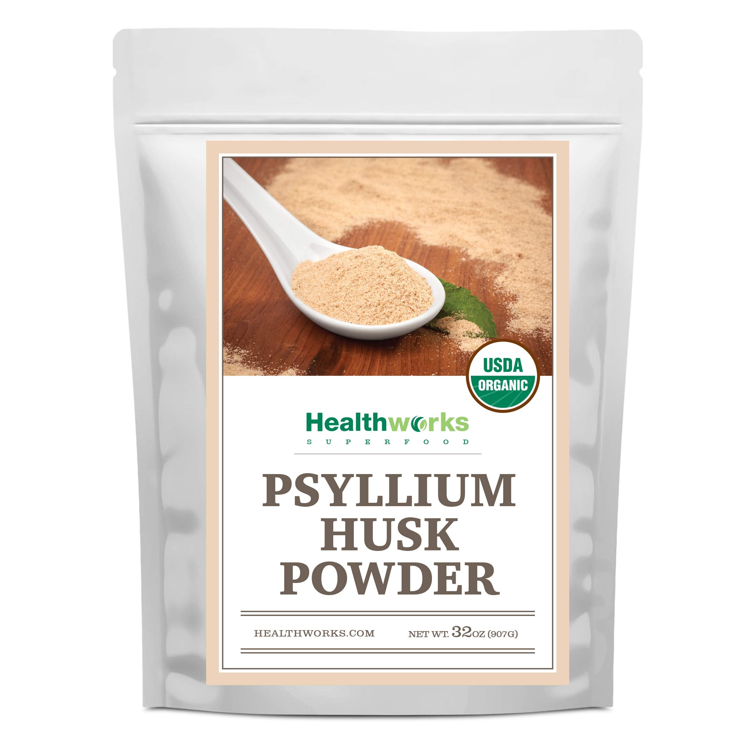 Healthworks Superfoods envase frontal mostrando psyllium orgánico y beneficio de fibra fácil