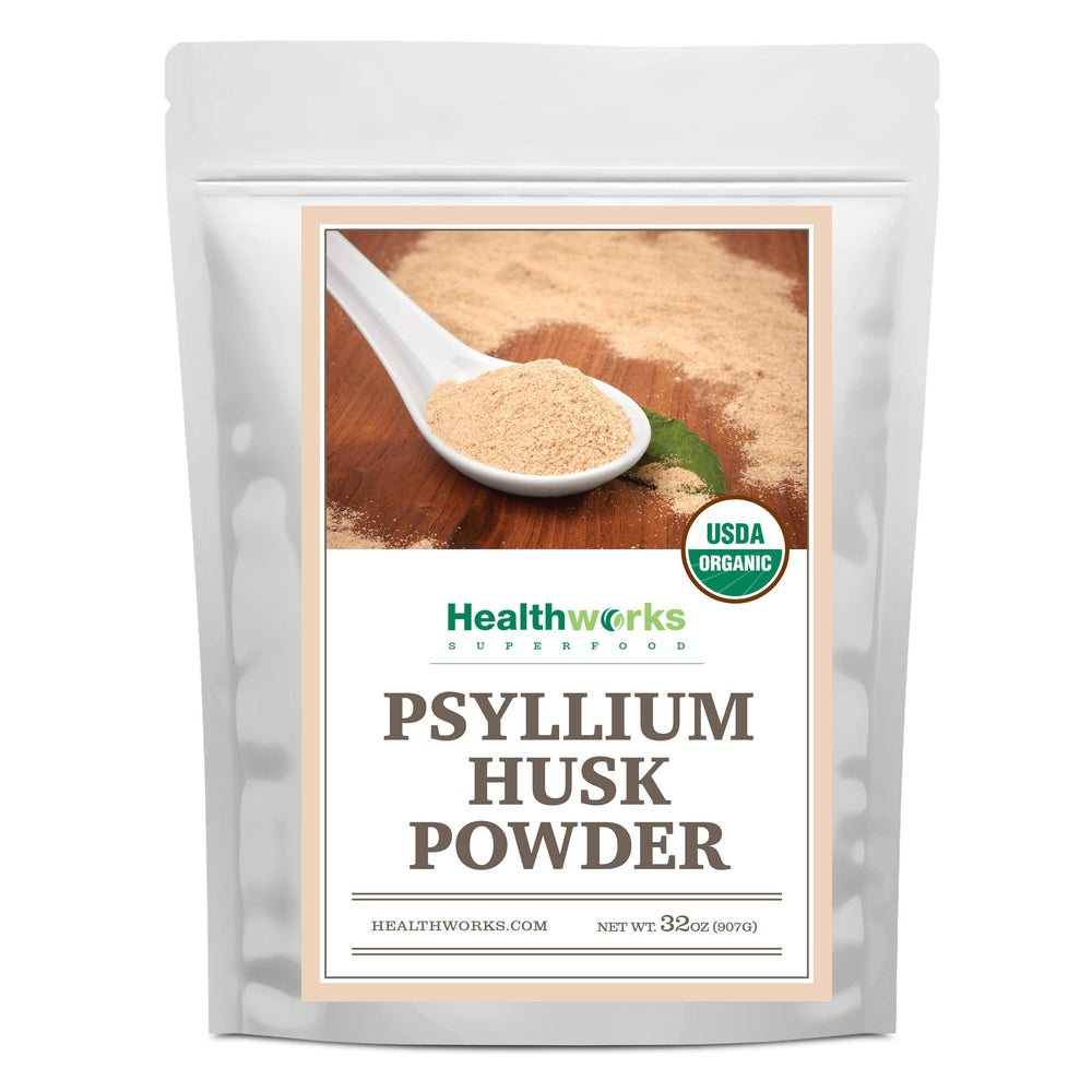 Healthworks Superfoods envase frontal mostrando psyllium orgánico y beneficio de fibra fácil