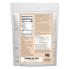 Close-up del polvo de psyllium Healthworks mostrando textura fina y uso versátil