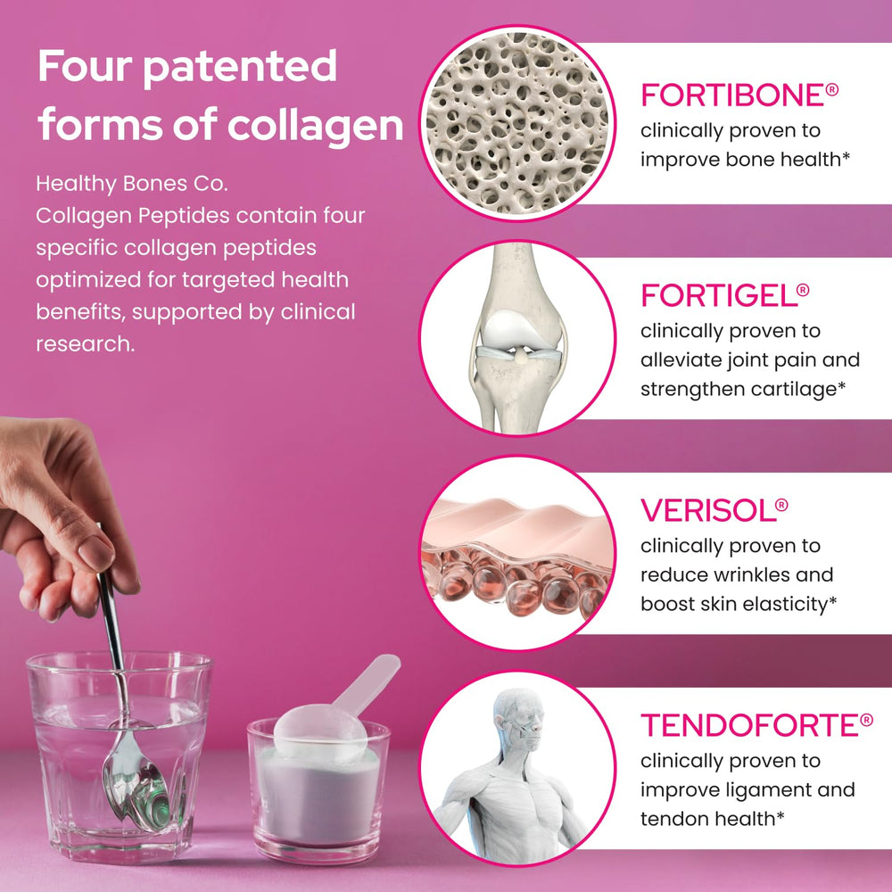 Healthy Bones Co. etiqueta con FORTIBONE FORTIGEL VERISOL TENDOFORTE informativa
