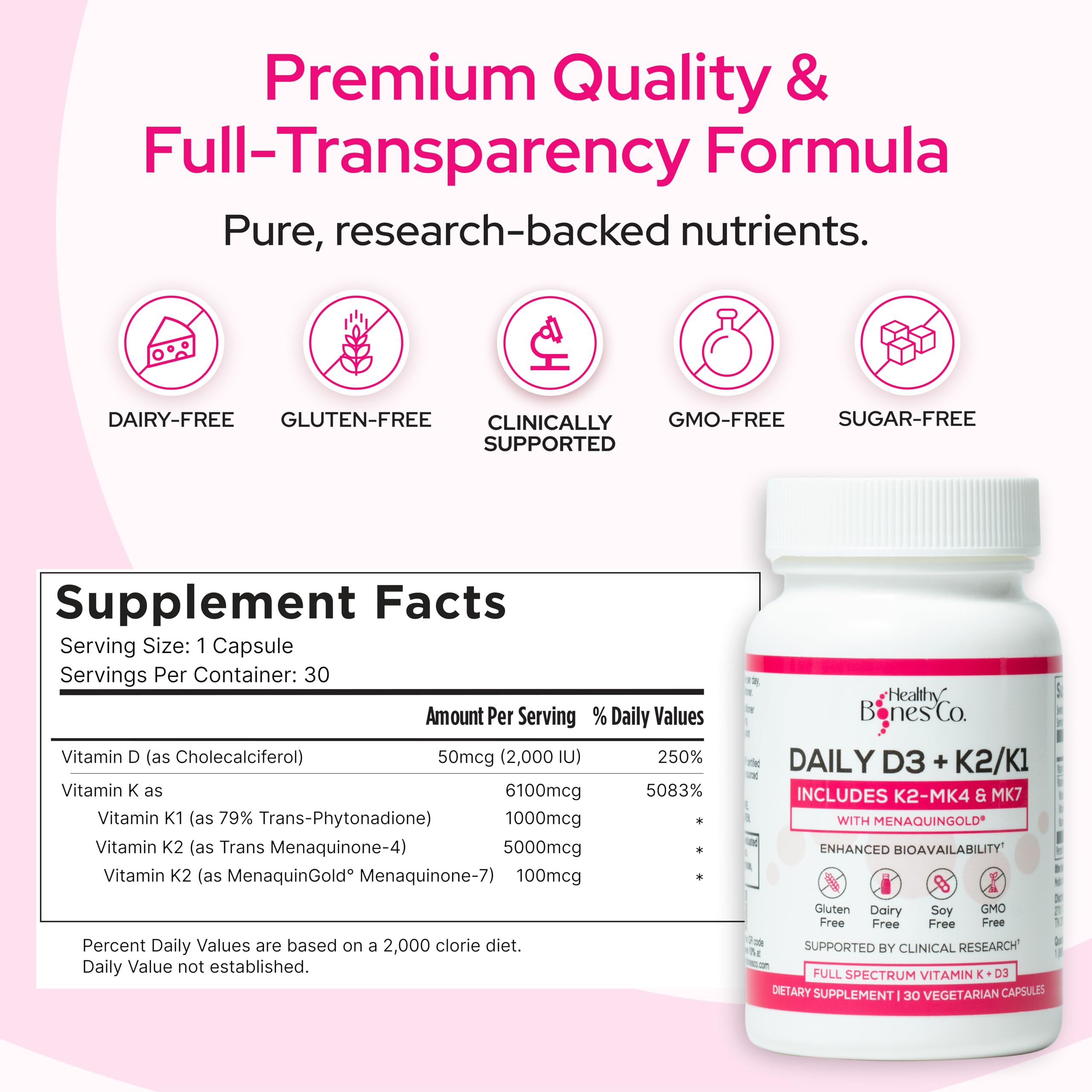 Healthy Bones Co. detalle de etiqueta con ingredientes clave y transparencia