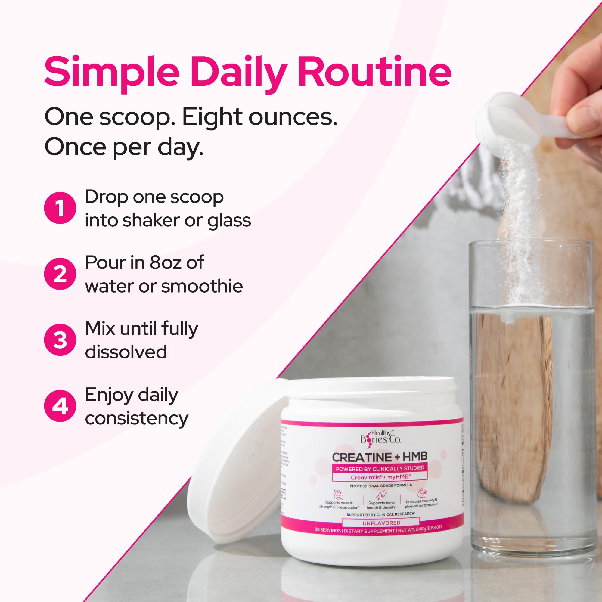 Etiqueta de Healthy Bones Co. con listado de creatina y HMB, transparencia de ingredientes