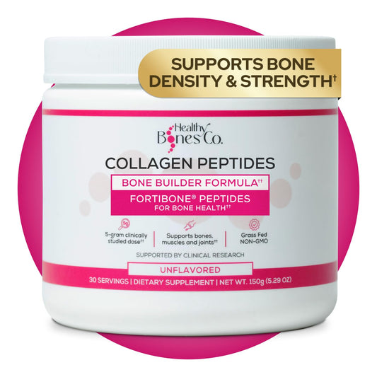 Healthy Bones Co envase frontal FORTIBONE muestra beneficios óseos
