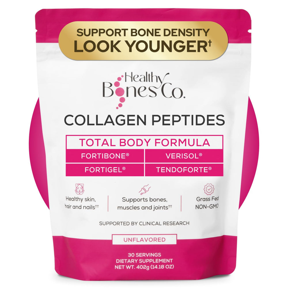 Healthy Bones Co. vista frontal del envase mostrando la marca y fórmulas
