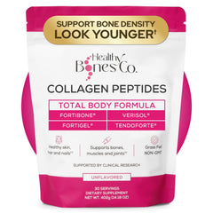 Healthy Bones Co. vista frontal del envase mostrando la marca y fórmulas