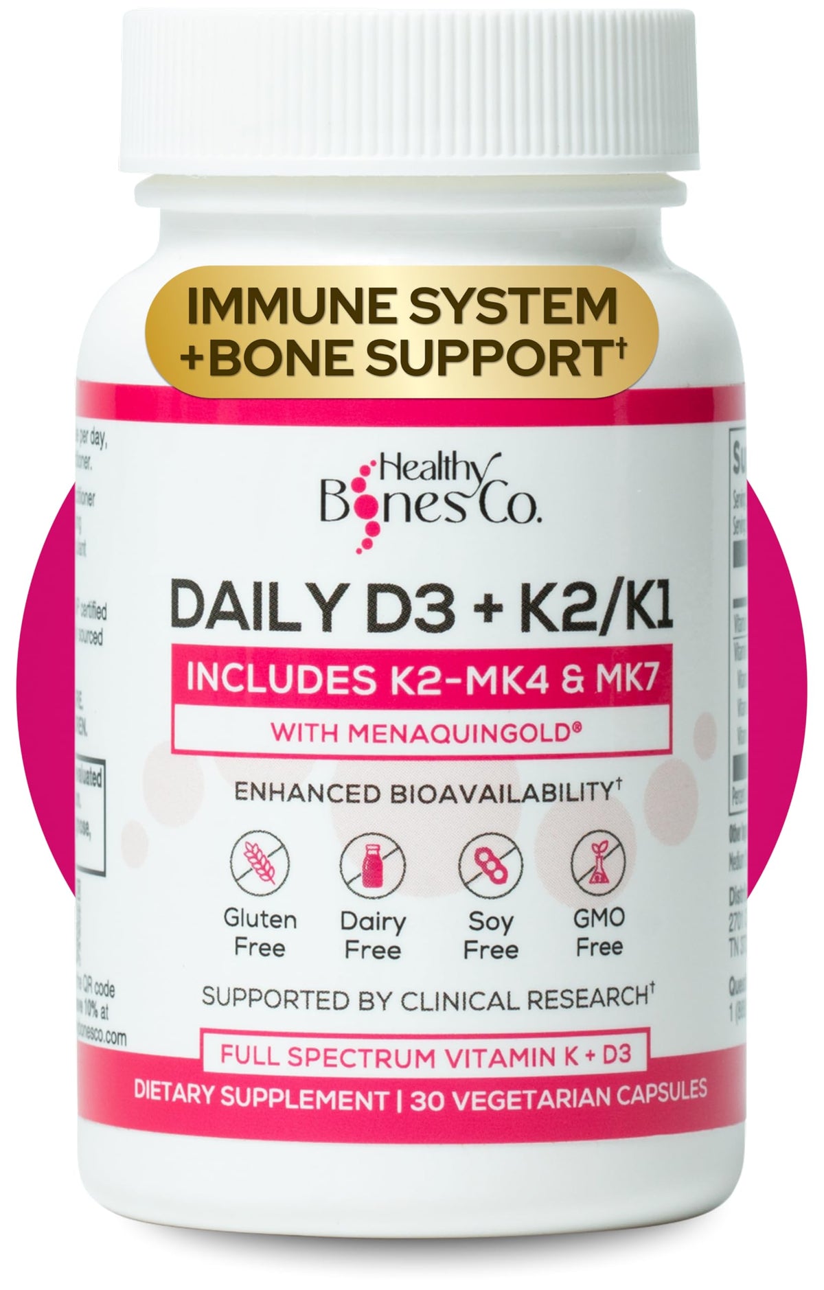 Healthy Bones Co. frasco frontal mostrando el envase y beneficio de apoyo óseo