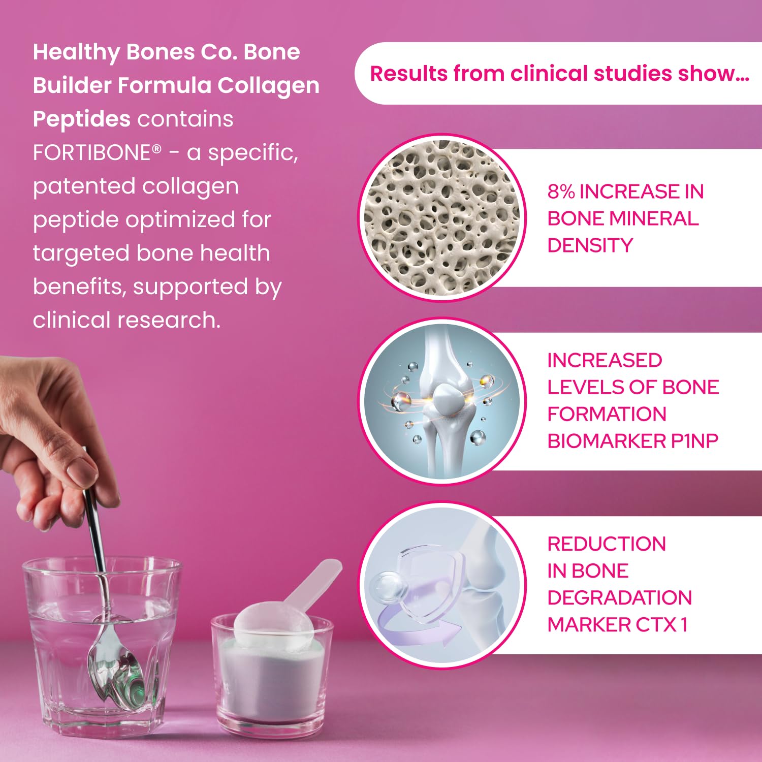 Scoop con 5 g de FORTIBONE listo para dosificar, control práctico