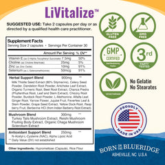 Healthy by Nature LiVitalize en cocina junto a alimentos saludables, sugiere uso cotidiano y estilo de vida activo