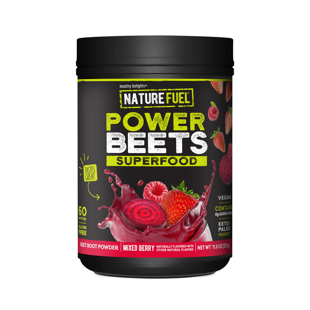 Healthy Delights frasco frontal muestra 60 servicios y sabor Mixed Berry como ventaja