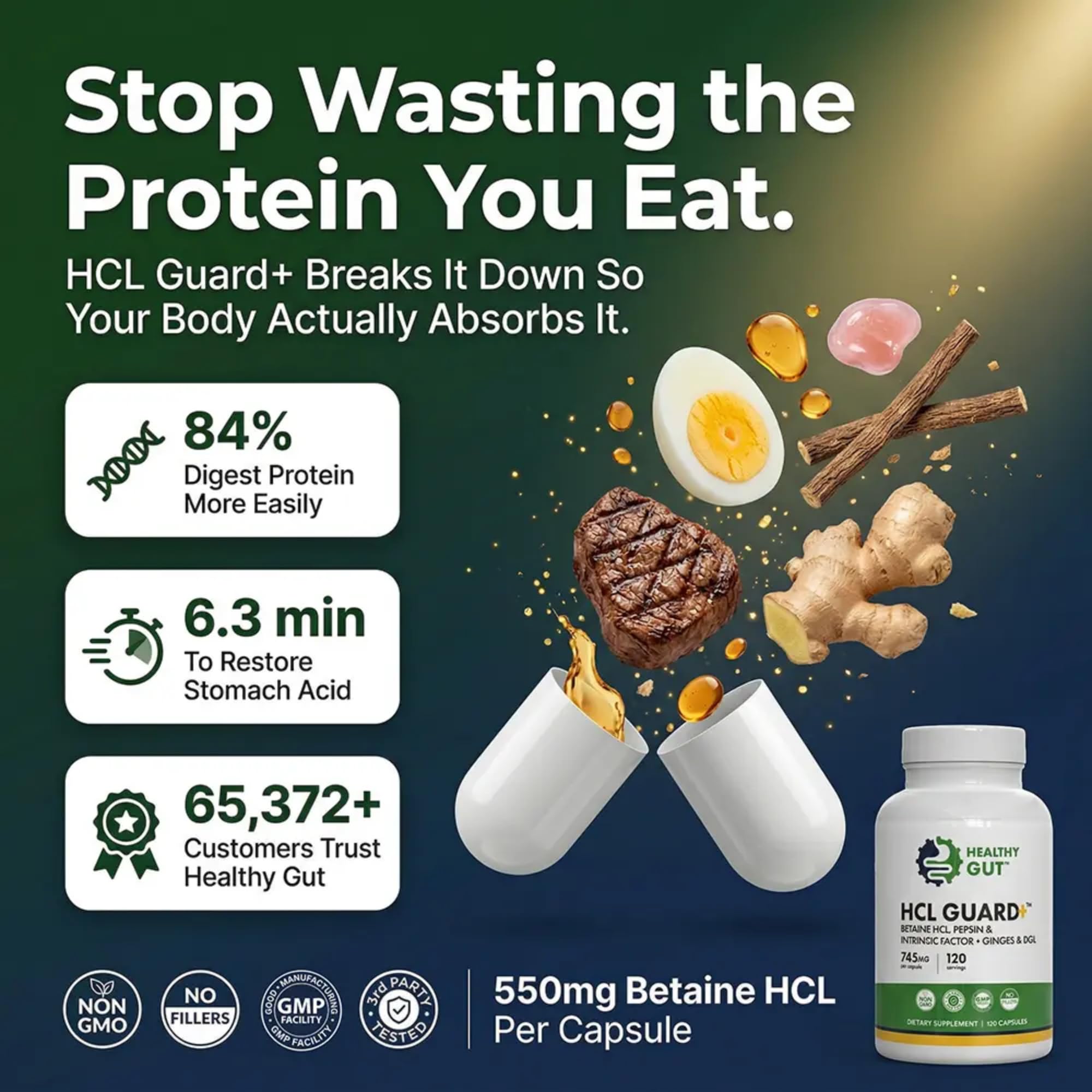 Healthy Gut cápsula abierta mostrando pepsina y formulación activa