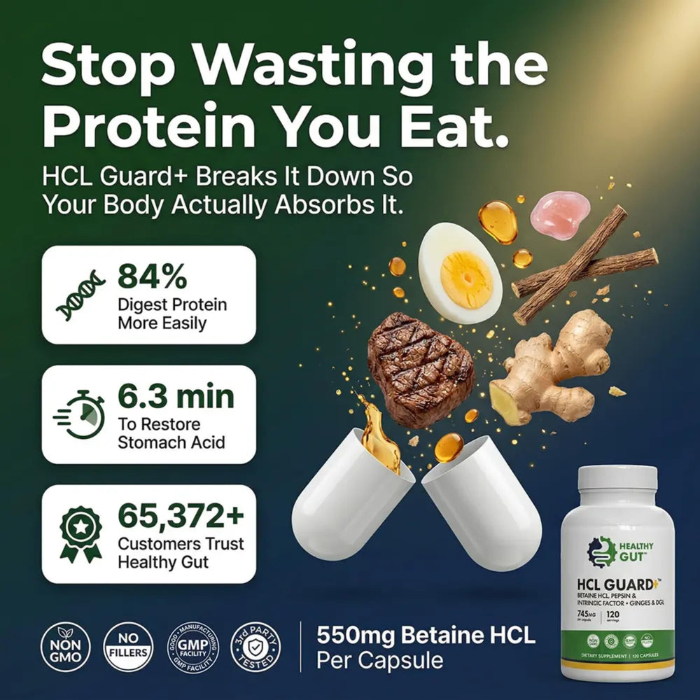 Healthy Gut cápsula abierta mostrando pepsina y formulación activa