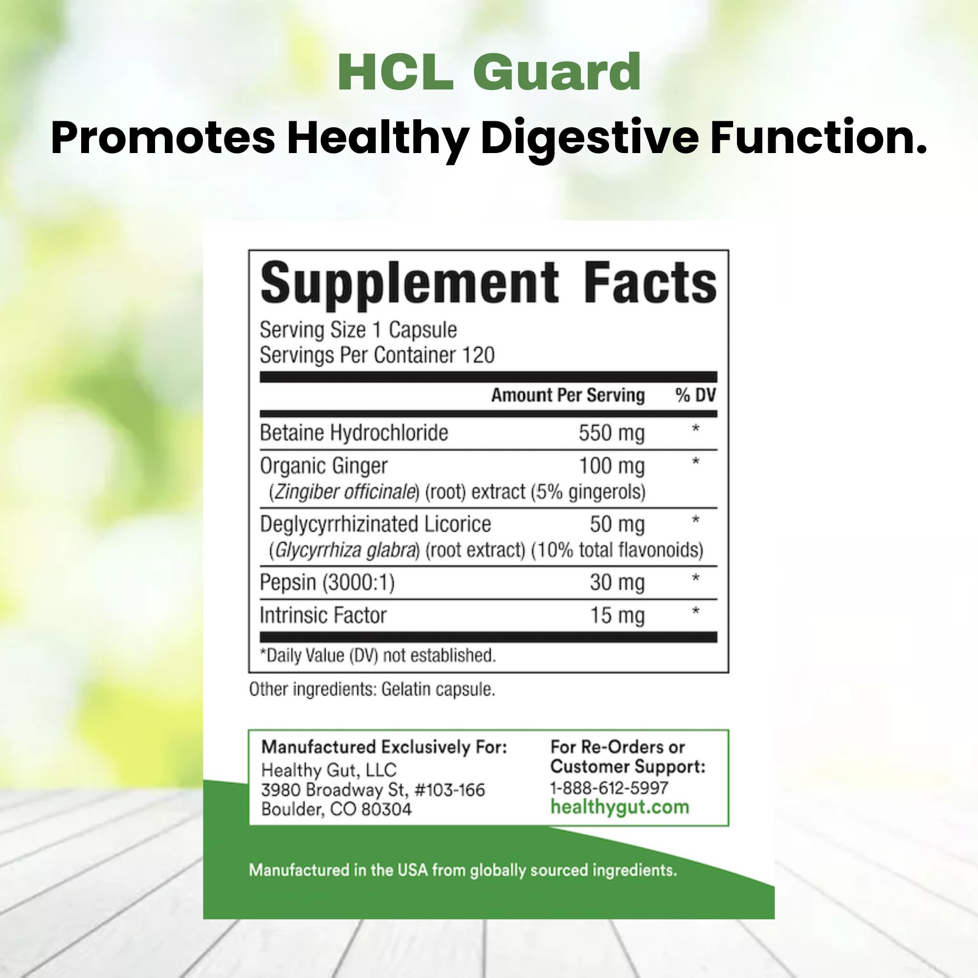 Healthy Gut frasco abierto mostrando cápsulas limpias y sin rellenos
