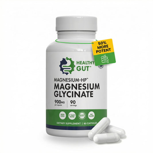 Healthy Gut frasco frontal mostrando etiqueta clara y beneficio de pureza