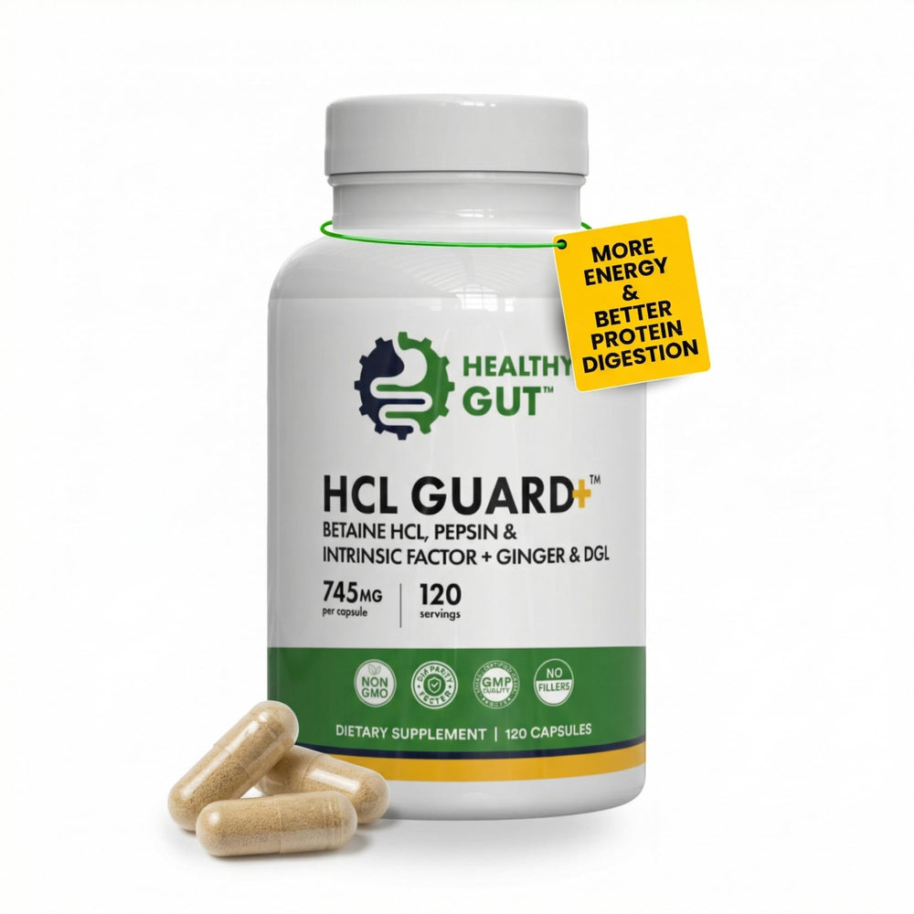 Healthy Gut frasco frontal con etiqueta clara y beneficios visibles