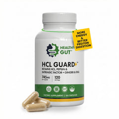 Healthy Gut frasco frontal con etiqueta clara y beneficios visibles