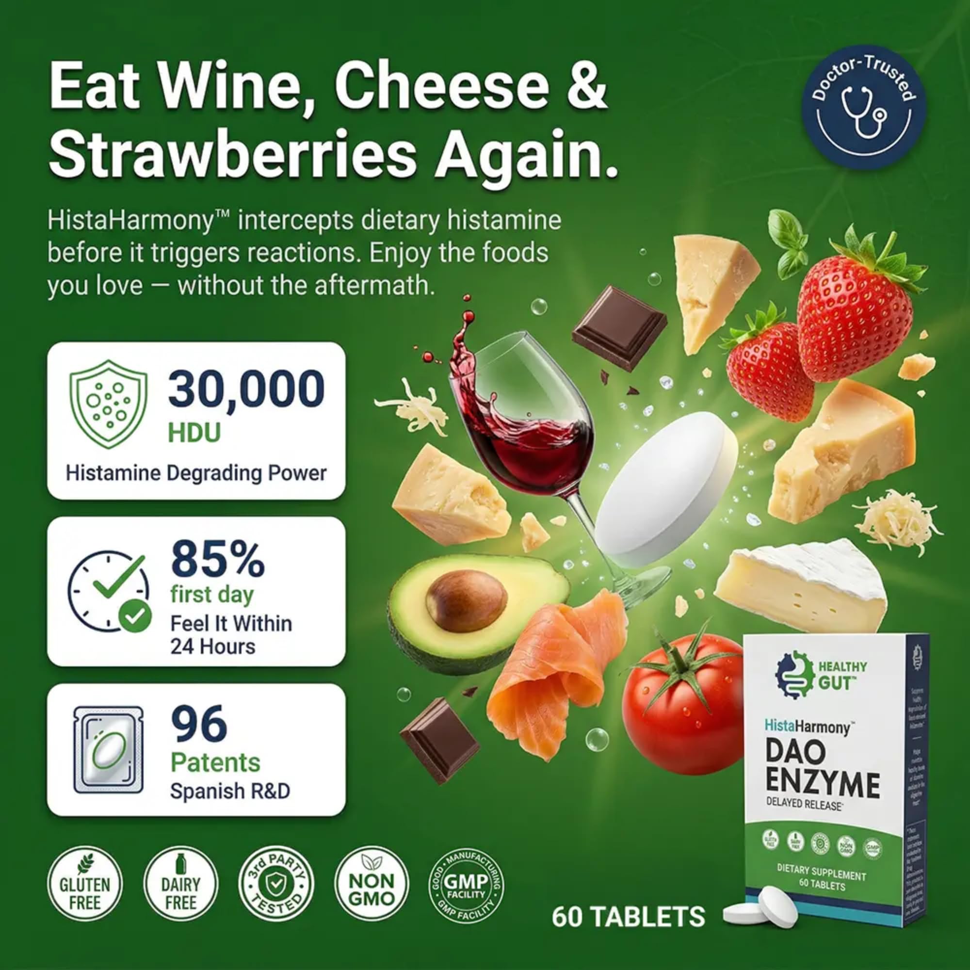 Healthy Gut tableta junto a un plato para uso con comidas ricas en histamina