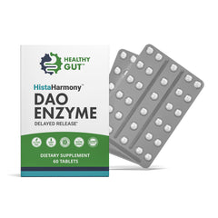 Healthy Gut frontal del envase que muestra 60 servicios y beneficio de apoyo a la histamina