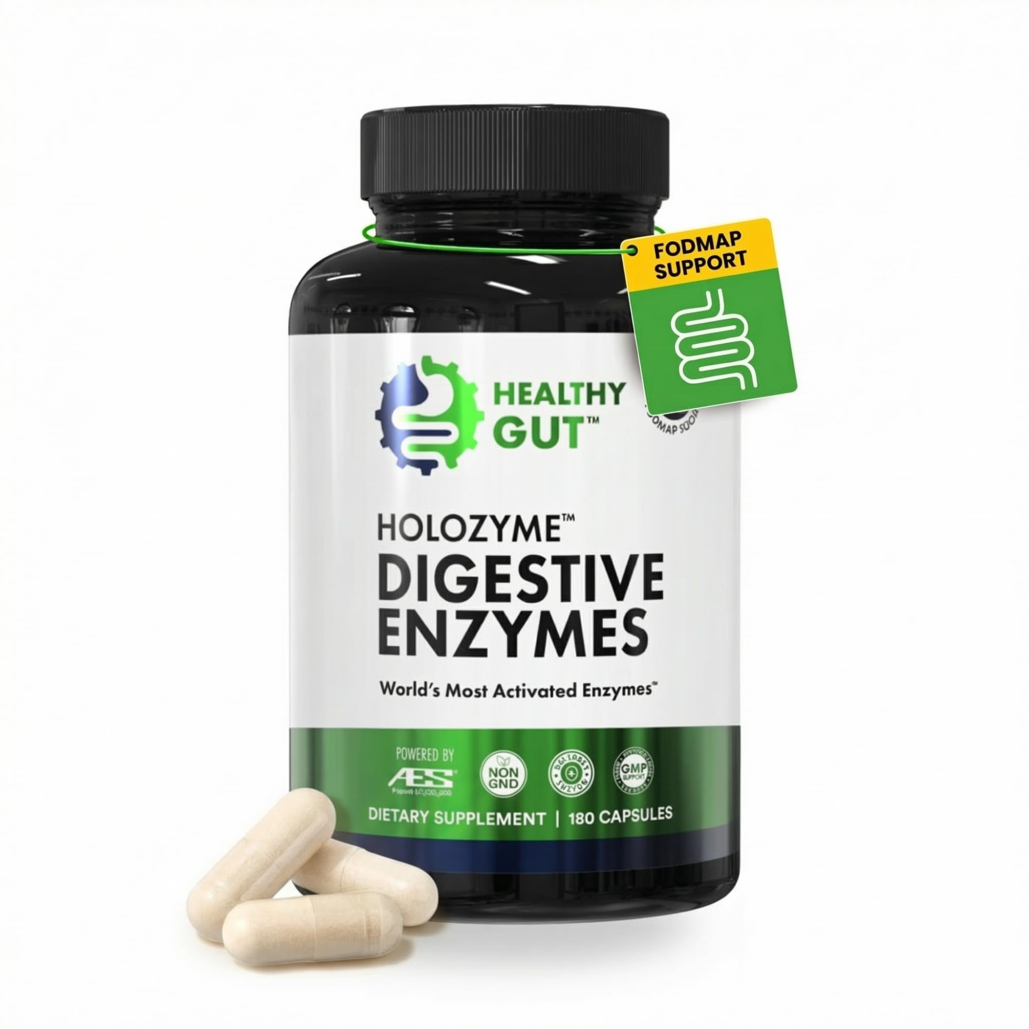 Healthy Gut botella frontal mostrando diseño y 90 porciones, transmite confianza
