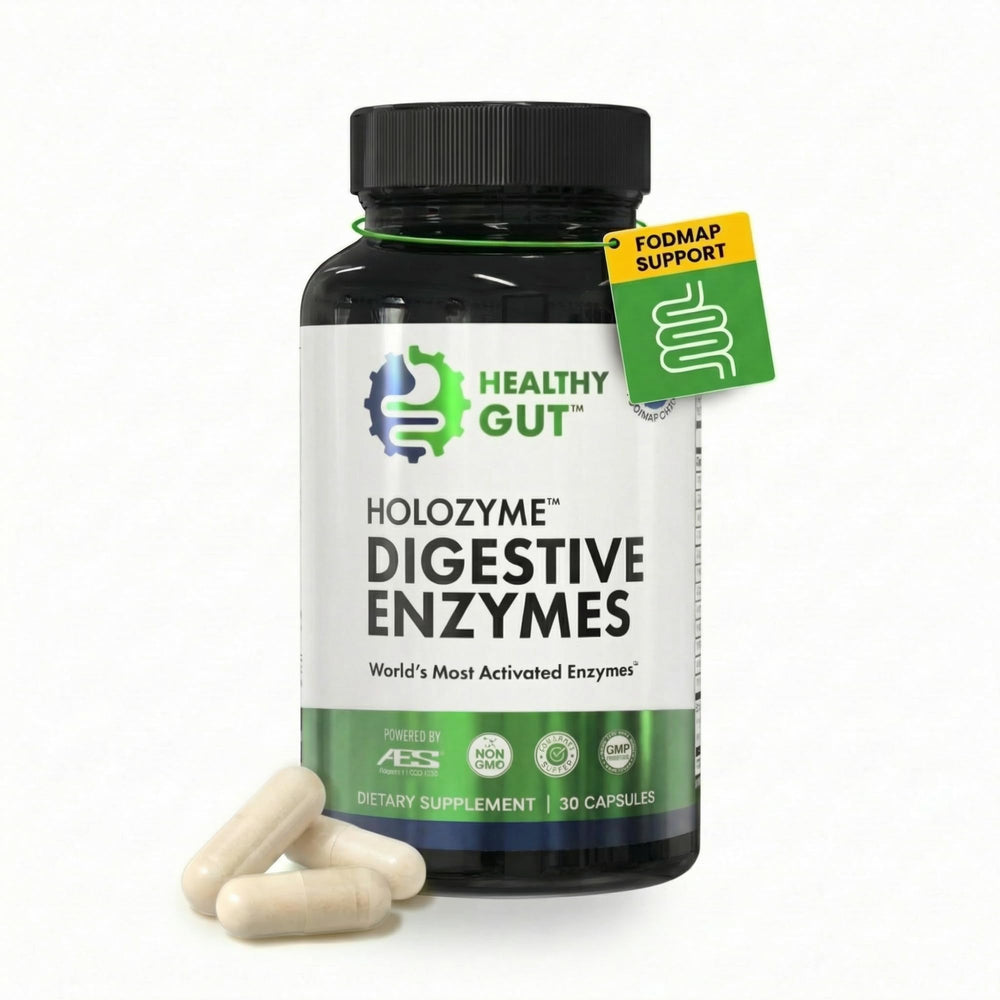 Healthy Gut envase frontal mostrando HoloZyme y beneficio digestivo