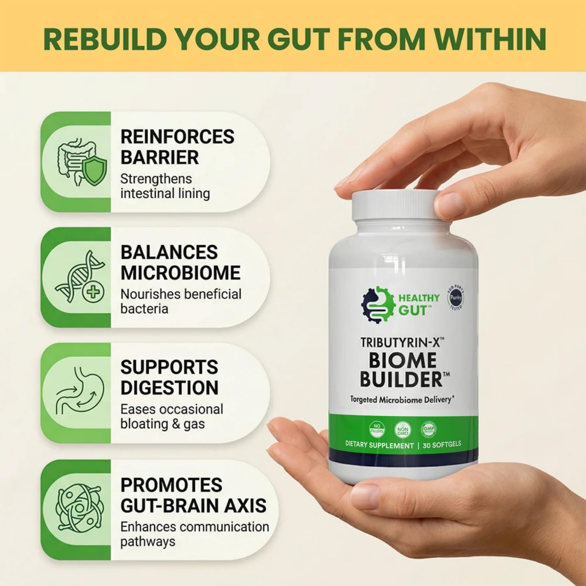 Healthy Gut Tributyrin-X cápsulas en mano mostrando tamaño y facilidad de toma