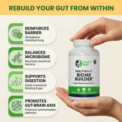 Healthy Gut Tributyrin-X cápsulas en mano mostrando tamaño y facilidad de toma