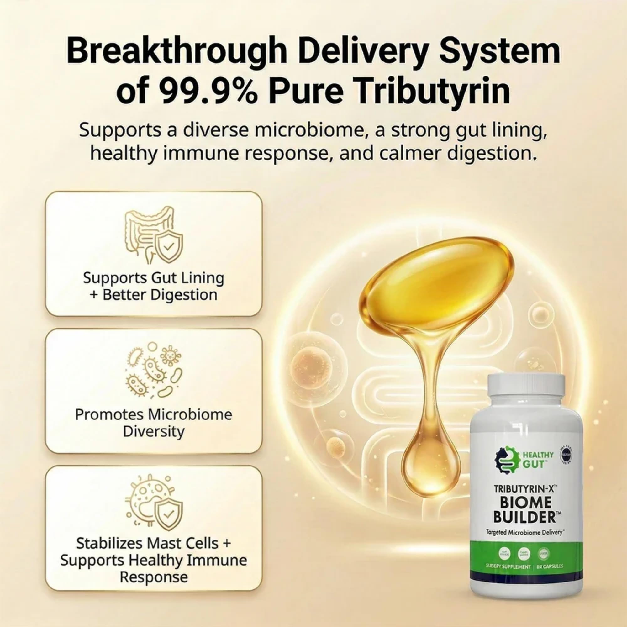 Healthy Gut Tributyrin-X comparación de tamaño para visualizar cantidad por envase