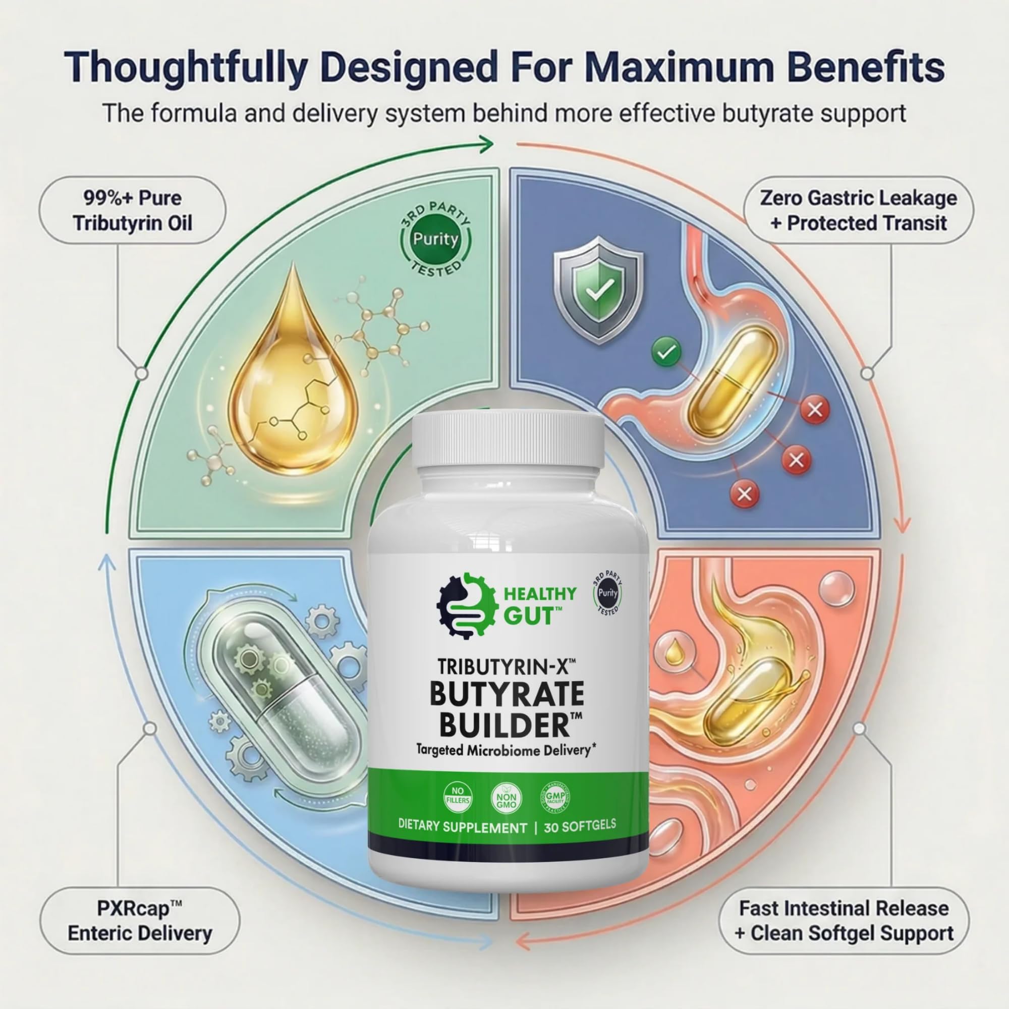 Healthy Gut Tributyrin-X lista de ingredientes destacando ausencia de aditivos