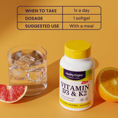 Healthy Origins botella abierta con softgels, conveniencia y suministro de 90 días