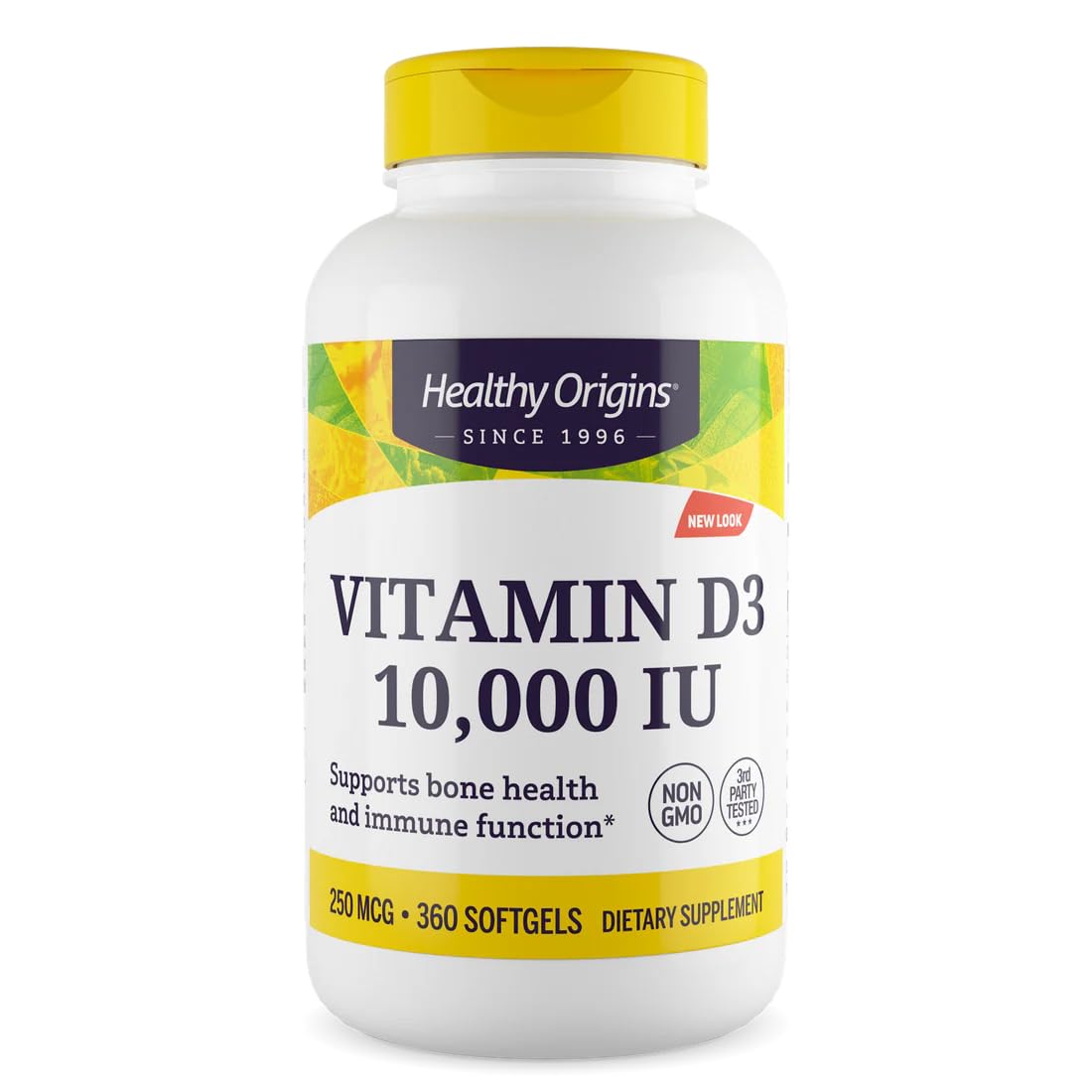 Healthy Origins frasco al frente mostrando 360 softgels y beneficio de suministro prolongado