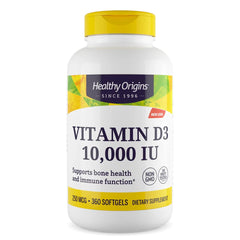 Healthy Origins frasco al frente mostrando 360 softgels y beneficio de suministro prolongado