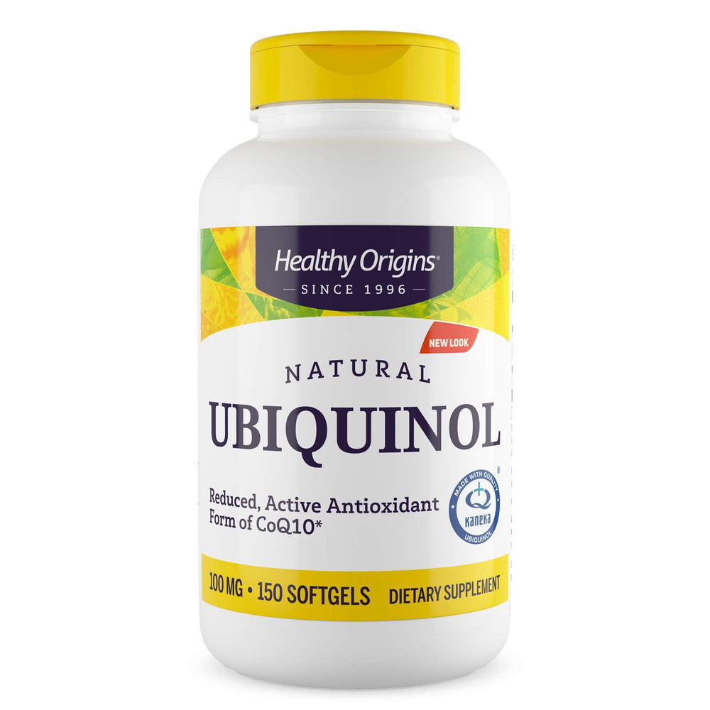 Healthy Origins bote frontal que muestra ubiquinol 100 mg y 150 softgels beneficio energía