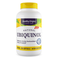 Healthy Origins bote frontal que muestra ubiquinol 100 mg y 150 softgels beneficio energía