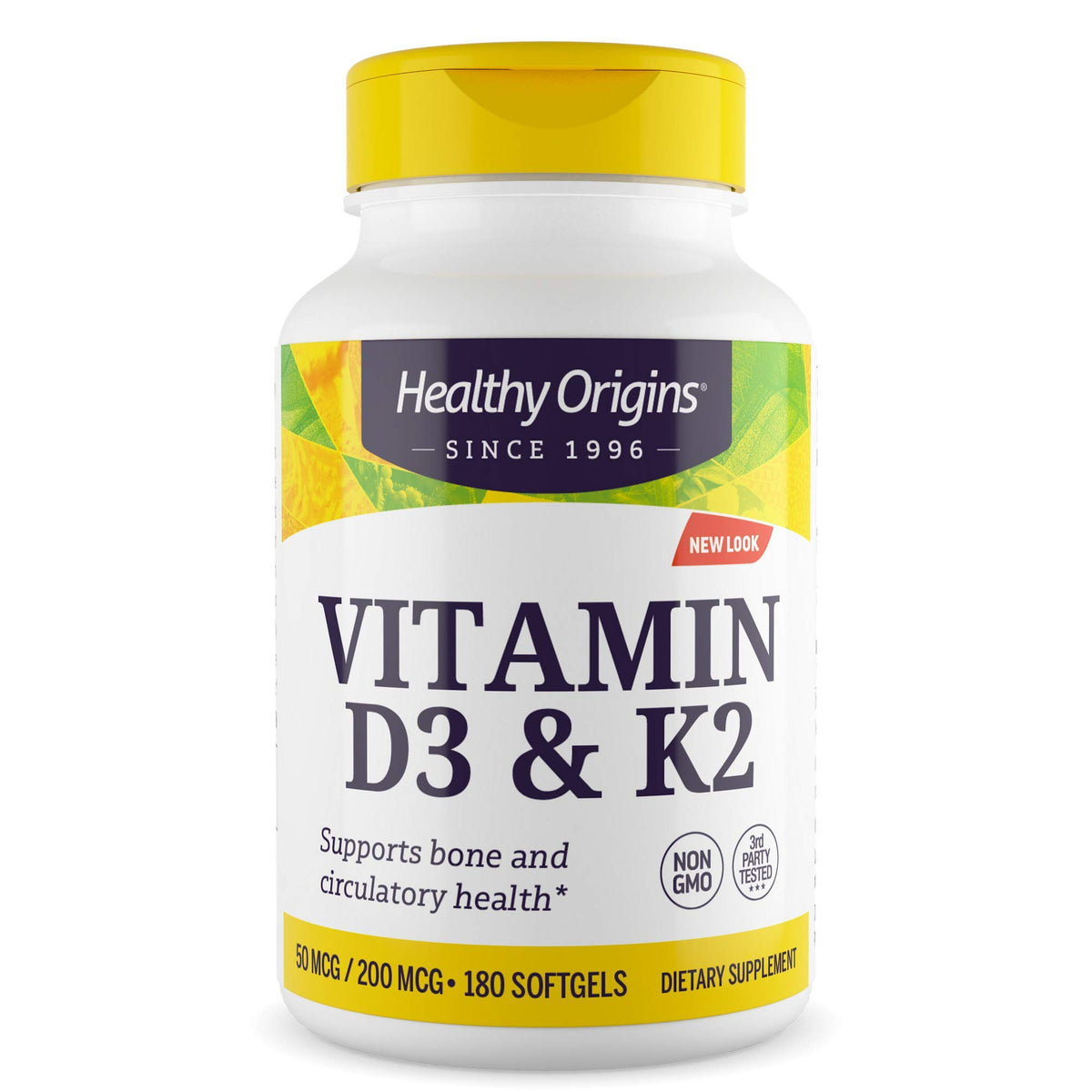 Healthy Origins envase frontal mostrando 180 softgels y beneficio conveniencia