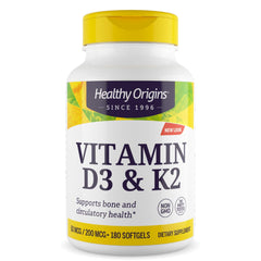 Healthy Origins envase frontal mostrando 180 softgels y beneficio conveniencia