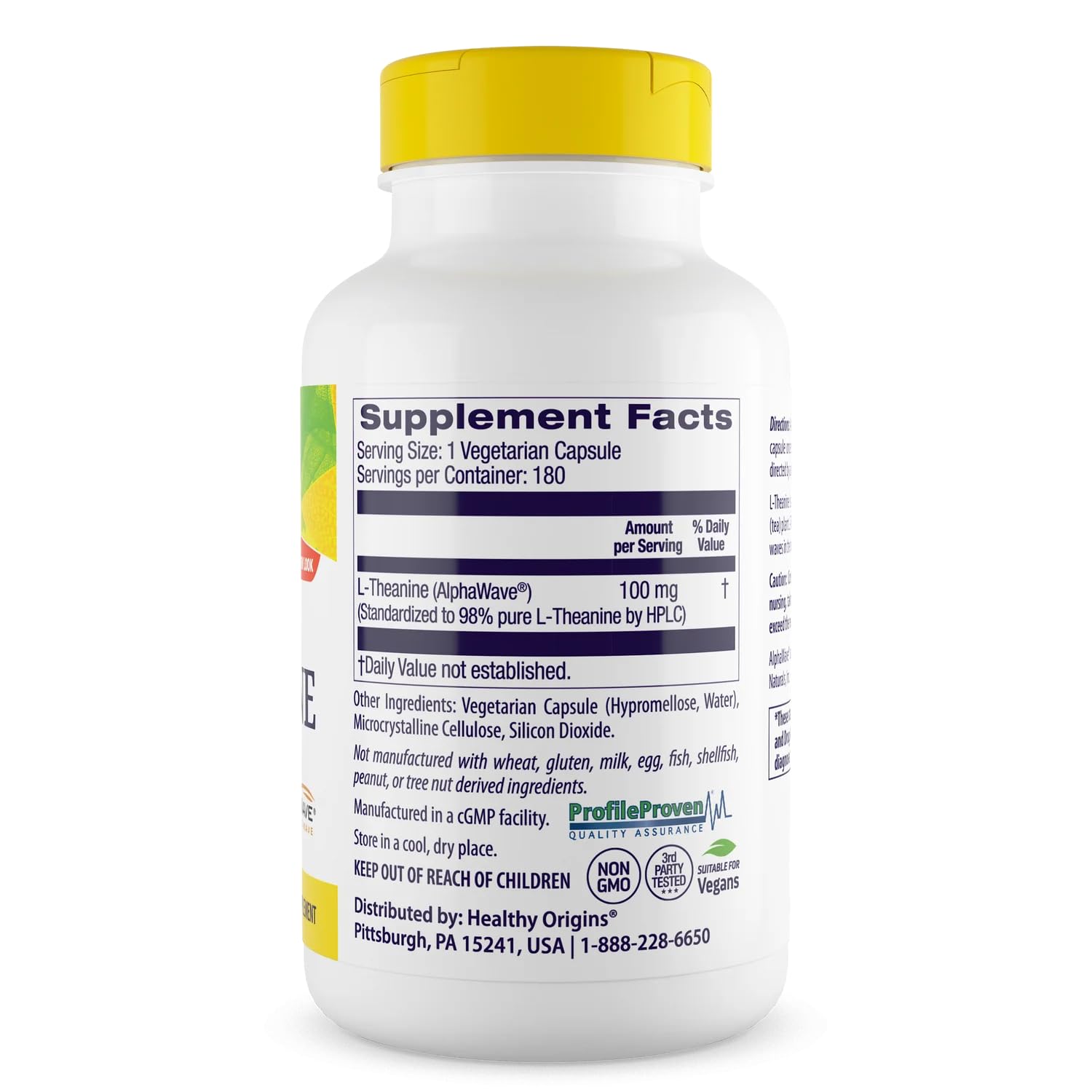 Close-up de cápsula Healthy Origins L-Theanine mostrando forma y uso cómodo