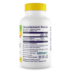 Close-up de cápsula Healthy Origins L-Theanine mostrando forma y uso cómodo