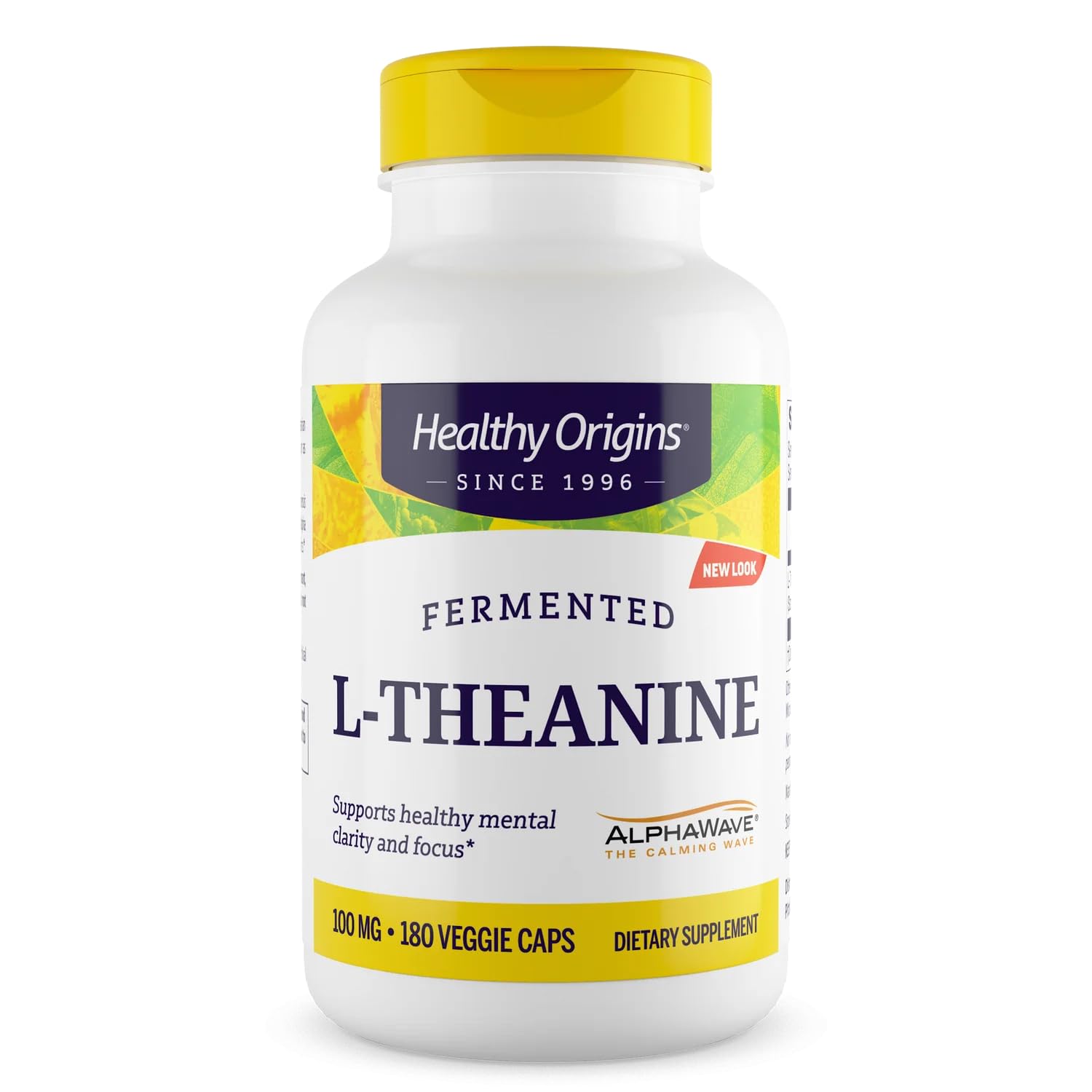 Healthy Origins envase frontal mostrando 180 cápsulas vegetales y beneficio calma